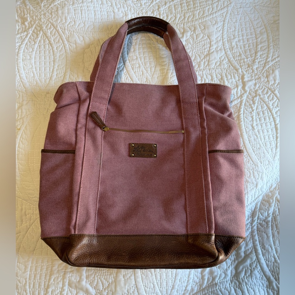 L.L. Bean Tote Canvas Bag Pink with Leather Bottom And Handles Rare Vintage - Picture 2 of 16